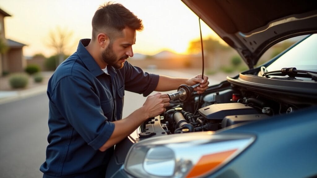 The mechanic is using specialized tools, with the car hood open, and the technician in a professional uniform.