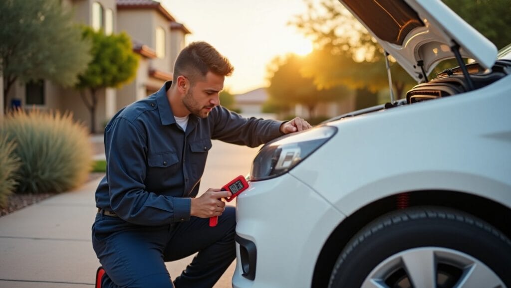 A mobile mechanic working on a car's starter motor at a residential location in Gilbert, Arizona, with a bright, sunny desert background.