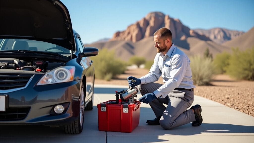 A professional mobile mechanic working on a car engine in a sunny suburban driveway in Gilbert, Arizona.