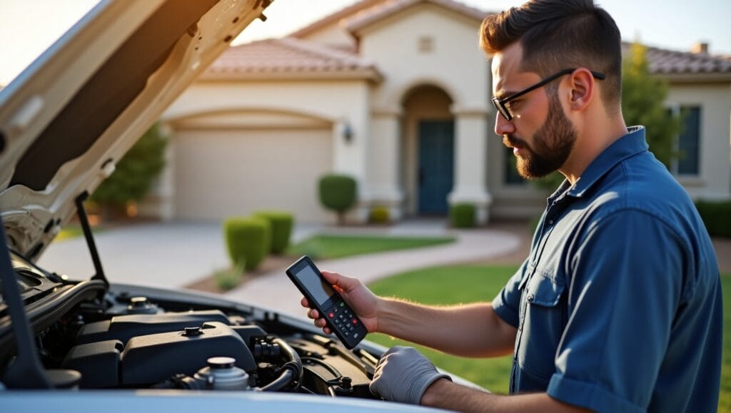 A professional mobile mechanic working on a car engine in a sunny suburban driveway in Gilbert, Arizona. The mechanic is wearing a uniform and using diagnostic tools. The background shows a clean, residential neighborhood with desert-style homes.